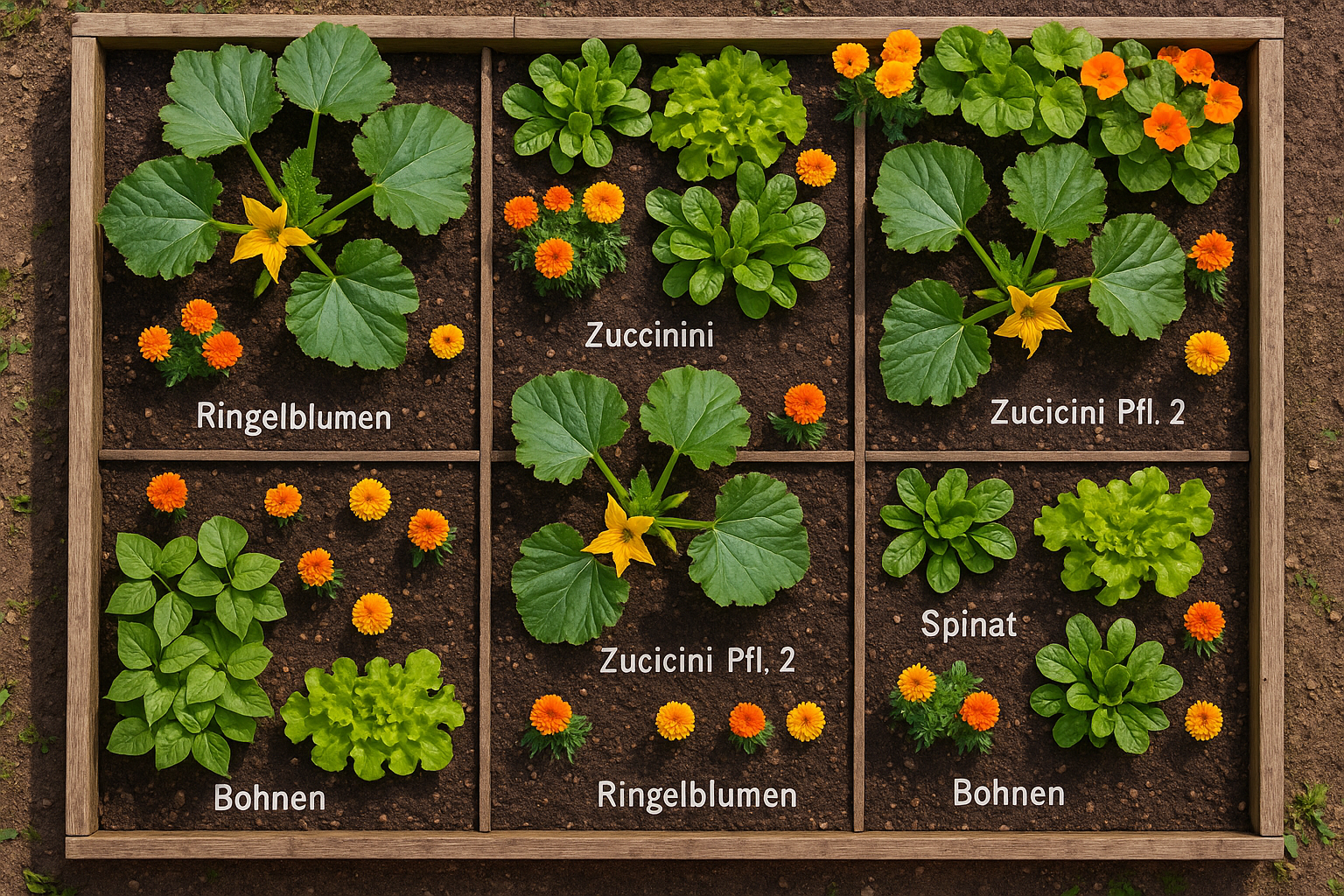 Skizze eines Zucchini-Mischkulturbeets (2 × 3 Meter)