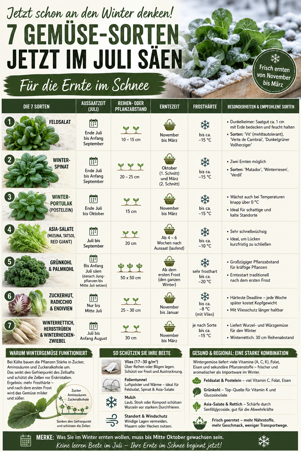 Vier Euro für eine Schale Feldsalat im Januar. Oder zwei Euro für eine Samentüte im Juli.Die Rechnung ist eindeutig – trotzdem lassen die meisten Hobbygärtner ihre Beete ab August leer stehen. Dabei sind es keine zwei Stunden Arbeit: räumen, flach lockern, Rillen ziehen, säen, abdecken. Danach braucht Wintergemüse weder Gießen noch Hacken noch Schneckenkontrolle. Der Lohn: frische Blattware von November bis März, direkt vor der Haustür, in der Jahreszeit mit dem geringsten Vitaminangebot. Wir haben den kompletten Praxisleitfaden zusammengestellt – mit Sortenliste und Frosthärte in Grad, Aussaatkalender bis September, Vlies-gegen-Tunnel-Entscheidungshilfe und Antworten auf die 8 häufigsten Leserfragen. Dazu die Produkte, die den Unterschied machen. Haben Sie schon einmal im Schnee geerntet? Erzählen Sie uns davon in den Kommentaren – wir sind gespannt. Den Link finden Sie im ersten Kommentar.