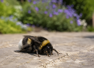 Die erschöpfte Hummel auf dem Gartenweg
