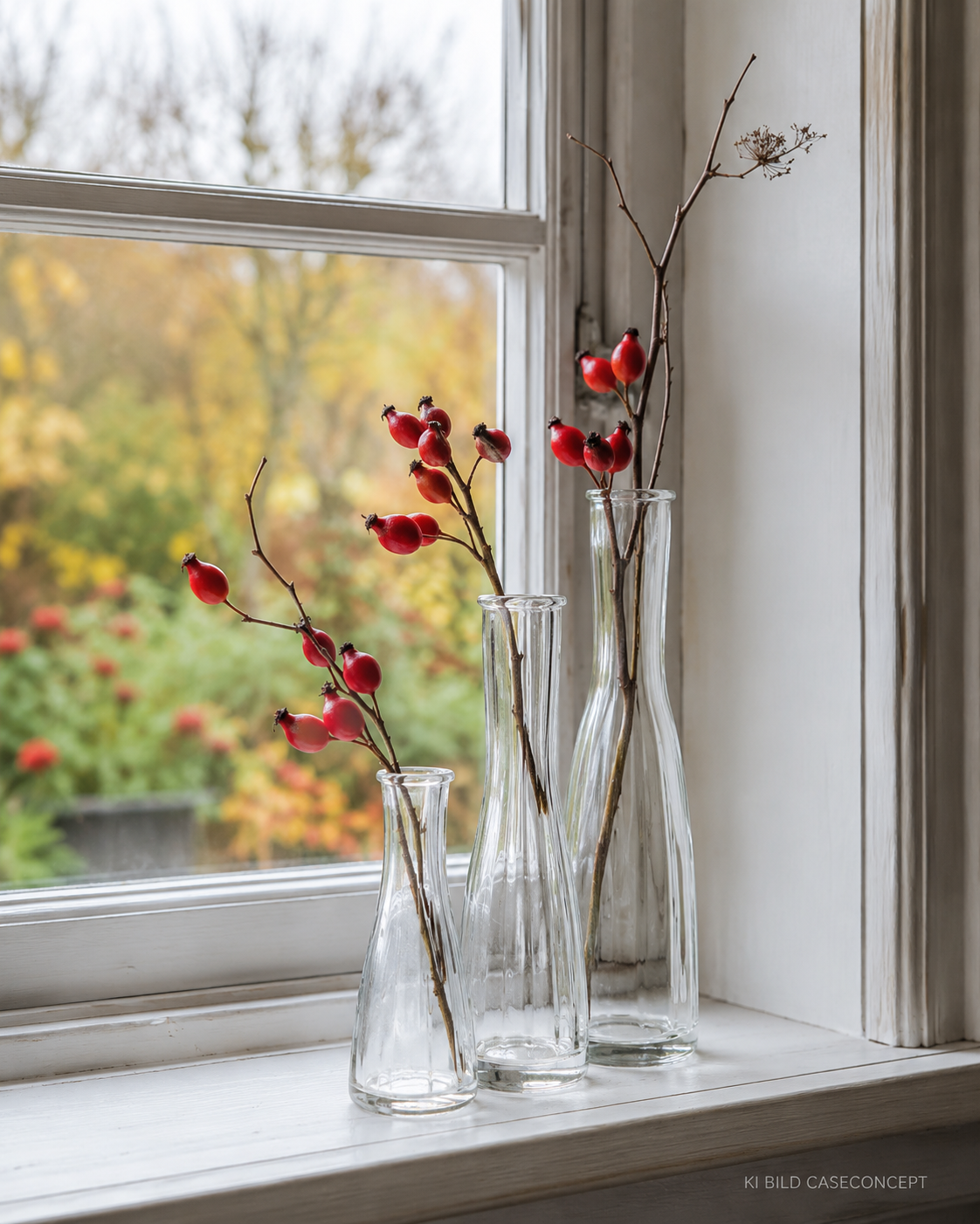 Dreiergruppe schlanker Glasvasen auf der Fensterbank