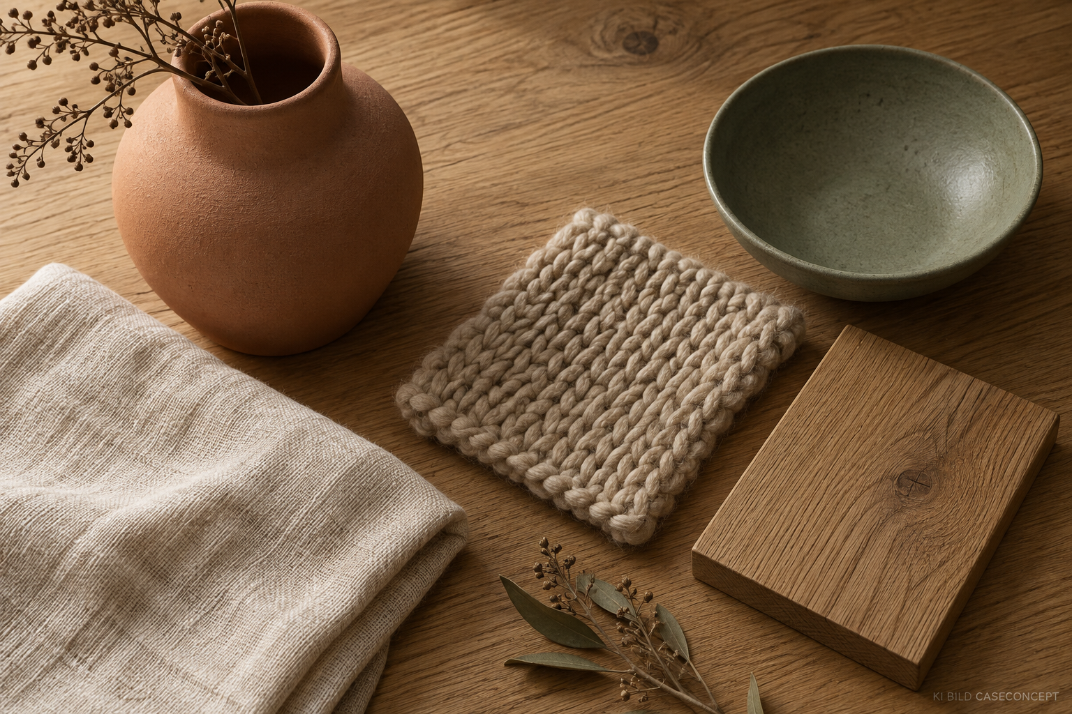 Materialpalette Holz, Keramik, Wolle